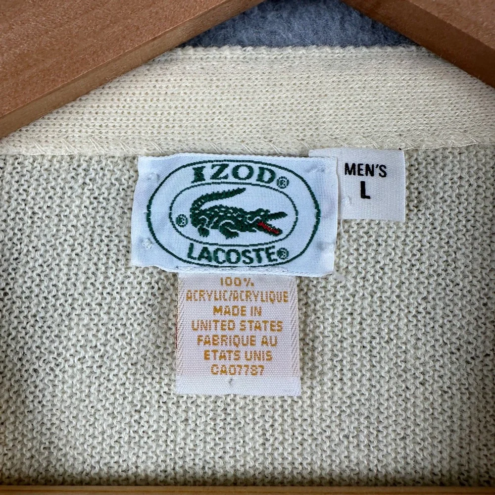 Izod Lacoste Cardigan Mens L Cream Vintage Acrylic V-Neck Sweater Logo USA Made